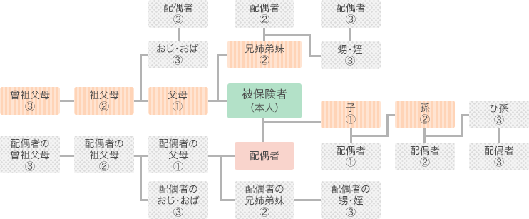 【親族の範囲】 
被保険者（本人）の父母（1親等）（同居別居を問わない）、被保険者（本人）の祖父母・兄弟姉妹（2親等）（同居別居を問わない）、
被保険者（本人）の兄弟姉妹の配偶者（2親等）（同居が条件）、
被保険者（本人）の配偶者（同居別居を問わない）、
配偶者の父母（1親等）（同居が条件）、配偶者の祖父母・兄弟姉妹（2親等）（同居が条件）、
被保険者（本人）と配偶者の子（1親等）（同居別居を問わない）、子の配偶者（1親等）（同居が条件）
被保険者（本人）と配偶者の孫（2親等）（同居別居を問わない）、孫の配偶者（2親等）（同居が条件）