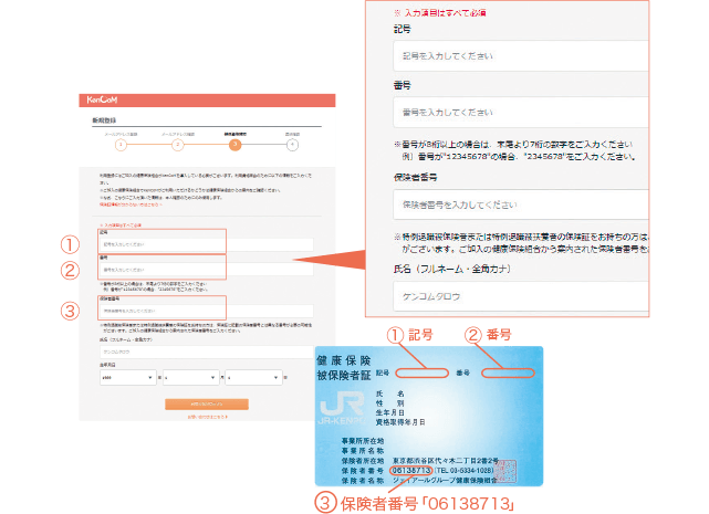 保険証情報 ①記号 ②番号 ③保険者番号「06138713」